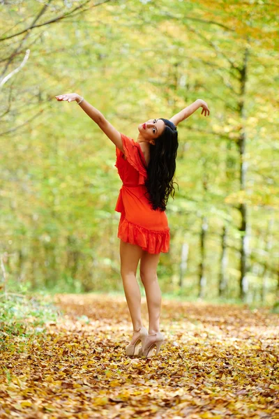 Mulher de vestido vermelho na floresta — Fotografia de Stock