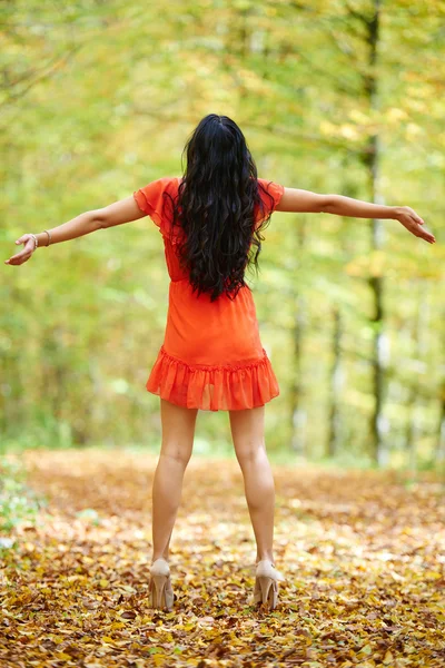 Mulher de vestido vermelho na floresta — Fotografia de Stock