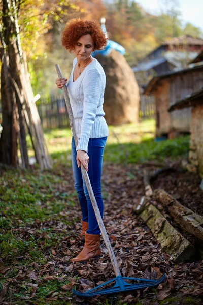 Femme avec râteau nettoyage jardin — Photo