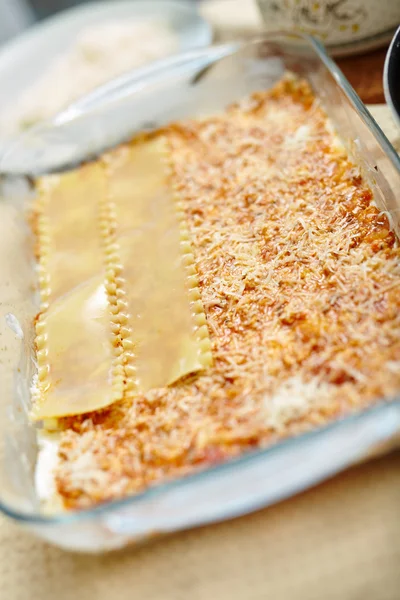 Homemade lasagna in tray — Stock Photo, Image