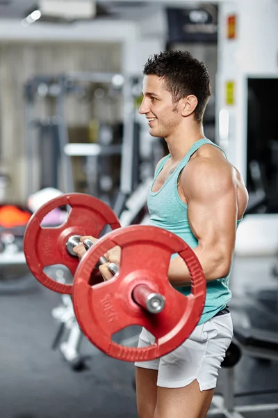 Biceps verk med skivstång — Stockfoto