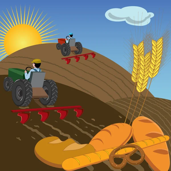 Farmers plowing the land with tractors — Stock Vector