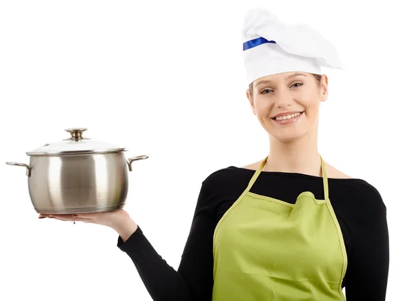 Kobieta kucharz z garnek ze stali nierdzewnej — Zdjęcie stockowe