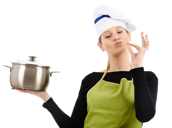 Femme cuisinier avec pot en acier inoxydable — Photo