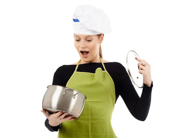 Surprised woman cook with stainless pot — Stock Photo, Image