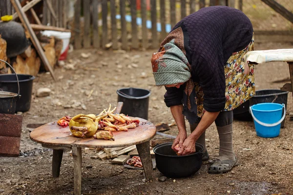 Kıdemli kırsal kadın açık tavuk hazırlama — Stok fotoğraf