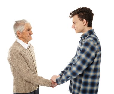 Grandfather and grandson shaking hands clipart