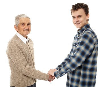 Grandfather and grandson shaking hands clipart