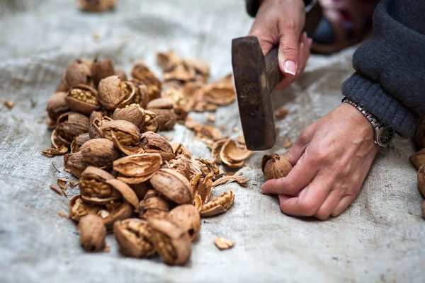 Woman crushing walnuts outdoor — Stock Photo, Image