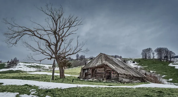 Landscape with abandoned wooden barn — Stock Photo, Image