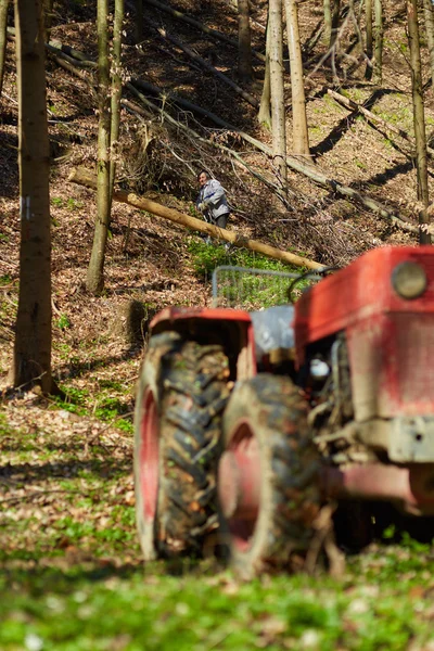 Agricultor que utiliza um tractor de exploração florestal — Fotografia de Stock