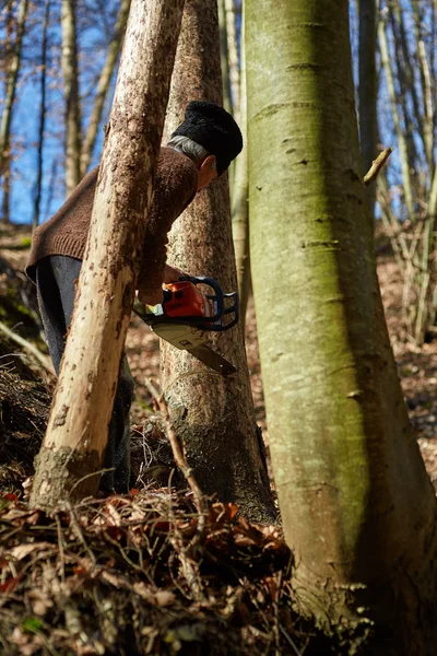 Old woodcutter at work with chainsaw — Stock Photo, Image