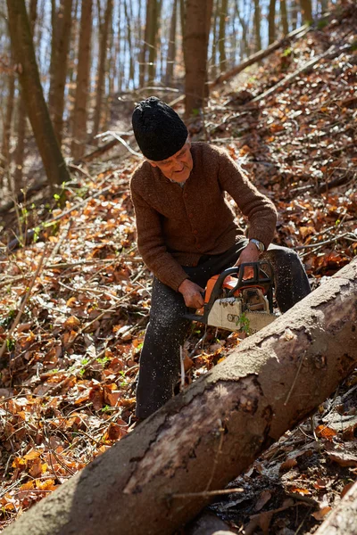 Oude houthakker op het werk met chainsaw — Stockfoto