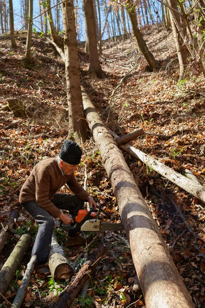 Old woodcutter at work with chainsaw — Stock Photo, Image