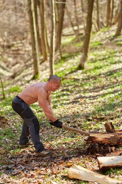 Strong man splitting logs — Stock Photo, Image