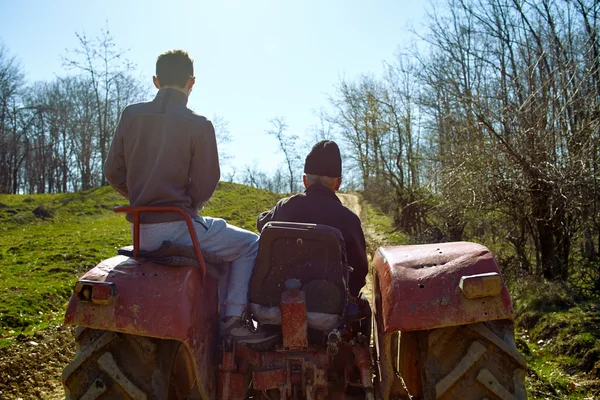 Grandfather and his grandson driving a tractor at sunset — Stock Photo, Image