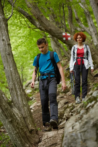 Famille de randonneurs marchant sur un sentier de montagne — Photo