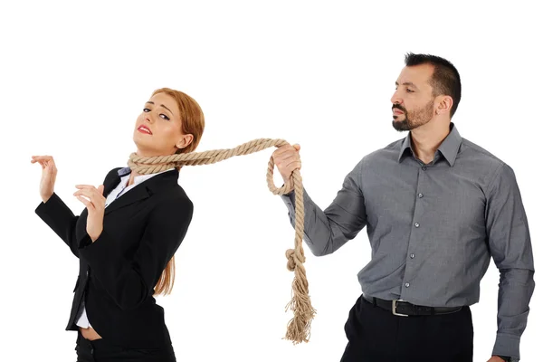 Chefe segurando seu empregado feminino — Fotografia de Stock