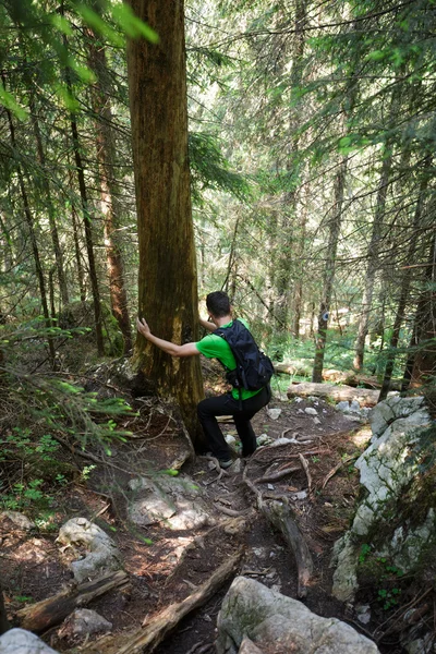 Garçon tenant sur un arbre lors d'une descente raide — Photo