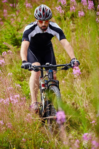 Cyclist  riding on rugged trails — Stock Photo, Image