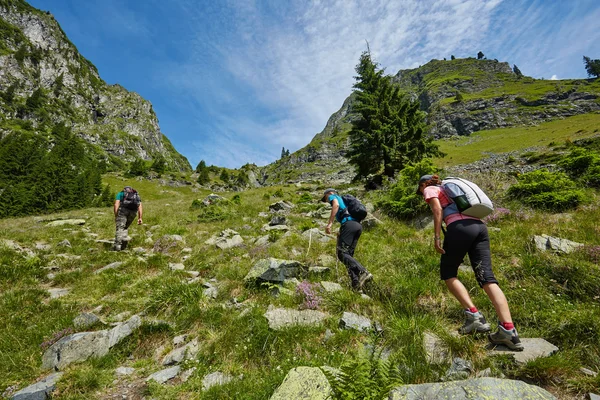 Caminhantes em uma trilha nas montanhas — Fotografia de Stock