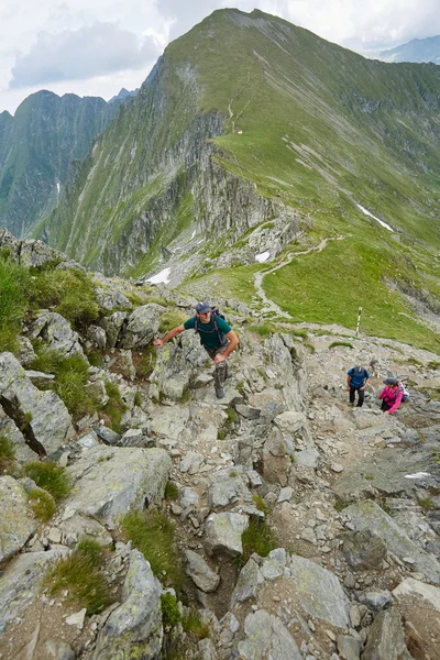 Vandrare på ett spår i bergen — Stockfoto