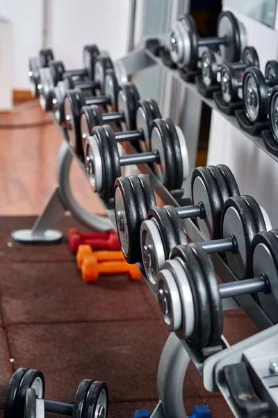 Dumbbells on the rack in the gym — Stock Photo, Image