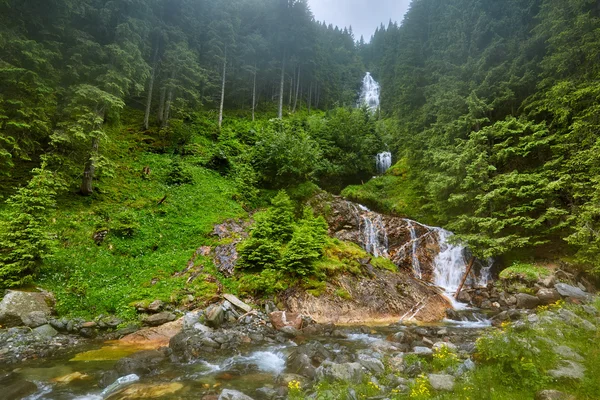 Mountain waterfall flowing into river — Stock Photo, Image