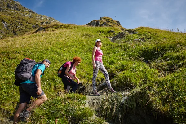 Wandelaars op een steile parcours in de bergen — Stockfoto