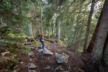 Kıvırcık saçlı, sırt çantalı bir kadın Apuseni dağlarındaki kayalık bir orman patikasında yürüyüş yapıyor. Etrafında uzun kozalaklı ağaçlar ve doğal ışık var.