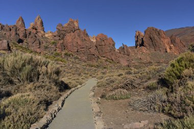 Roques de Garcia 'nın engebeli volkanik oluşumlarına giden kıvrımlı yürüyüş yolu Teide Ulusal Parkı' nın kurak arazisindeki kuru bitki örtüsüyle çevrili.