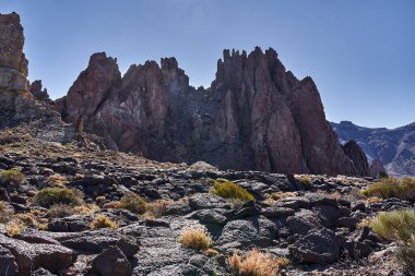 Roques de Garcia 'nın volkanik oluşumları Teide Ulusal Parkı, Tenerife' deki engin yamaçlara karşı sabah ışığını yakalıyor.