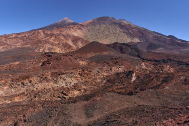 Sallantılı volkanik yamaçlar açık mavi gökyüzü altında Pico del Teide ve Pico Viejo dağlarına doğru gidiyor.