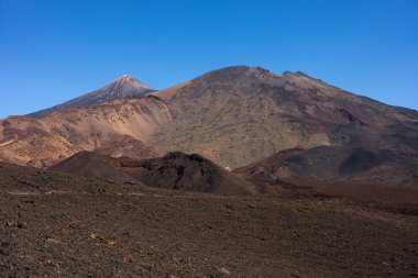 Narices del Teide, Pico Viejo ve Pico del Teide 'yi gösteren engebeli volkanik manzara açık mavi gökyüzü altında keskin kayalık tepeler ve lav tarlaları ile hizalanmıştır.