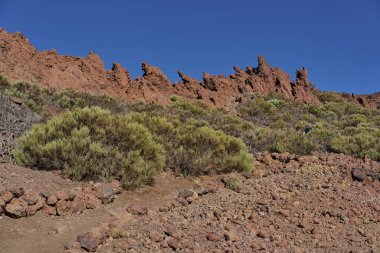 Teide Ulusal Parkı, Tenerife, İspanya 'da Pico Viejo yamacındaki lav kayaları ve kaya parçalarıyla gündüz manzarası