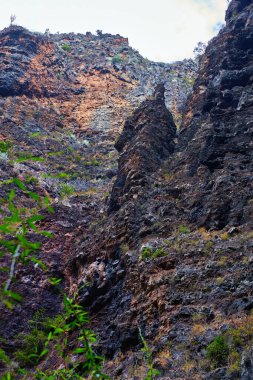 Basalt ve Tuff 'ın çarpıcı katmanı Barranco del Infierno' nun seyrek çöl bitkileri arasında belirgin bir şekilde sergilenmektedir..