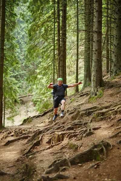 Mann läuft im Kiefernwald — Stockfoto