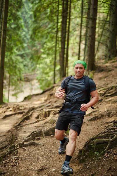 Man running in the pine forest — Stock Photo, Image