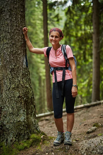 Hiker leaning against a tree — Stock Photo, Image