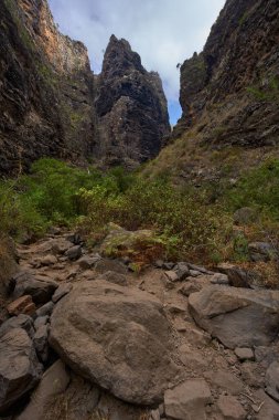 Kuru bitki örtüsünün Teal ve kahverengi gölgeleri bazalt saldırıları ile işaretlenmiş devasa kayalıkların tabanına sarılır..