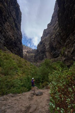 Dişi yürüyüşçü, yüksek volkanik kayalıklara ve Barranco del Infierno 'nun dramatik dar vadisindeki kaya zirvesine bakıyor.