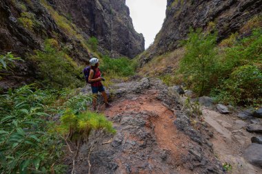 Dişi yürüyüşçü, yüksek volkanik kayalıklara ve Barranco del Infierno 'nun dramatik dar vadisindeki kaya zirvesine bakıyor.