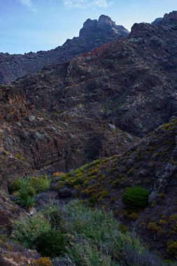 Katmanlı kaya oluşumları, Tenerife 'deki Anaga volkanik dağlarının keskin ve dengesiz tepelerini tanımlar..