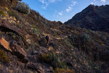 Katmanlı kaya oluşumları, Tenerife 'deki Anaga volkanik dağlarının keskin ve dengesiz tepelerini tanımlar..
