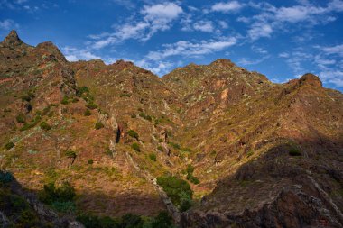 Anaga 'nın yüksek zirveleri sadece dağınık ve dayanıklı bitkileri destekleyen eski ve dokulu kaya katmanlarını sergiliyor..