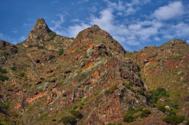 Anaga 'nın yüksek zirveleri sadece dağınık ve dayanıklı bitkileri destekleyen eski ve dokulu kaya katmanlarını sergiliyor..