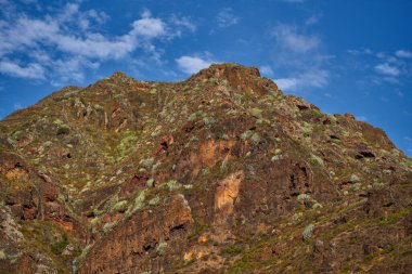 Anaga 'nın yüksek zirveleri sadece dağınık ve dayanıklı bitkileri destekleyen eski ve dokulu kaya katmanlarını sergiliyor..