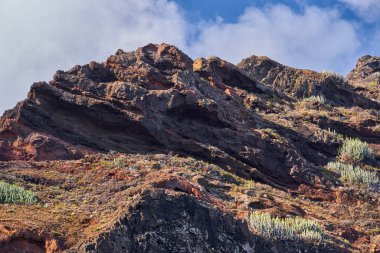 Anaga 'nın yüksek zirveleri sadece dağınık ve dayanıklı bitkileri destekleyen eski ve dokulu kaya katmanlarını sergiliyor..