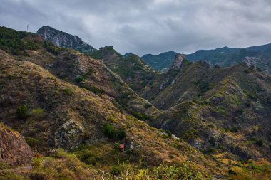 Anaga Dağları 'ndaki bulutlu gökyüzünün altında engebeli tepeleri ve yeşil yosun kaplı yamaçları olan dramatik volkanik dağ manzarası.