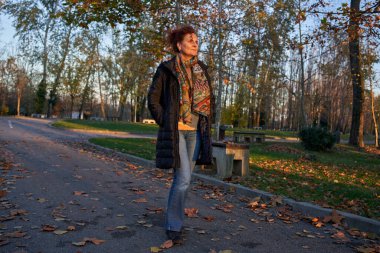 Kirli ceketli şık bir kadın ve renkli bir eşarp. Sonbahar parkı yolunda yaprakları dökülmüş yürüyor.